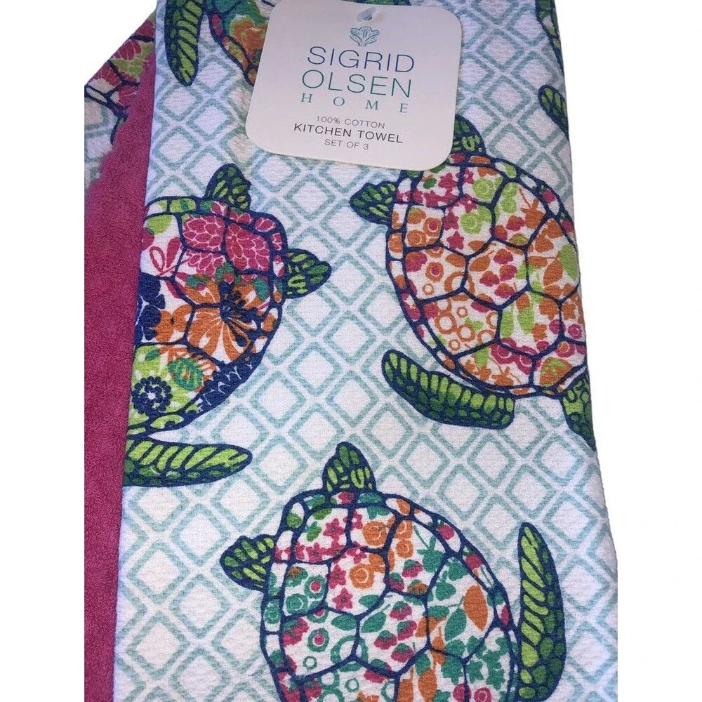 Sigrid Olsen Kitchen Dish Towels Sea Turtles Summer Beach House Home Set of 3